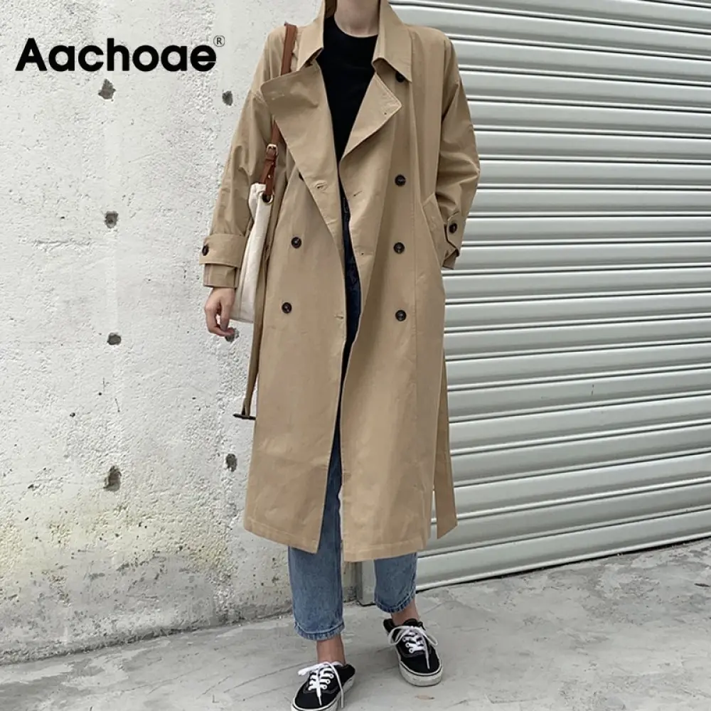 Aachoae женский однотонный длинный Тренч двубортное элегантное офисное пальто с