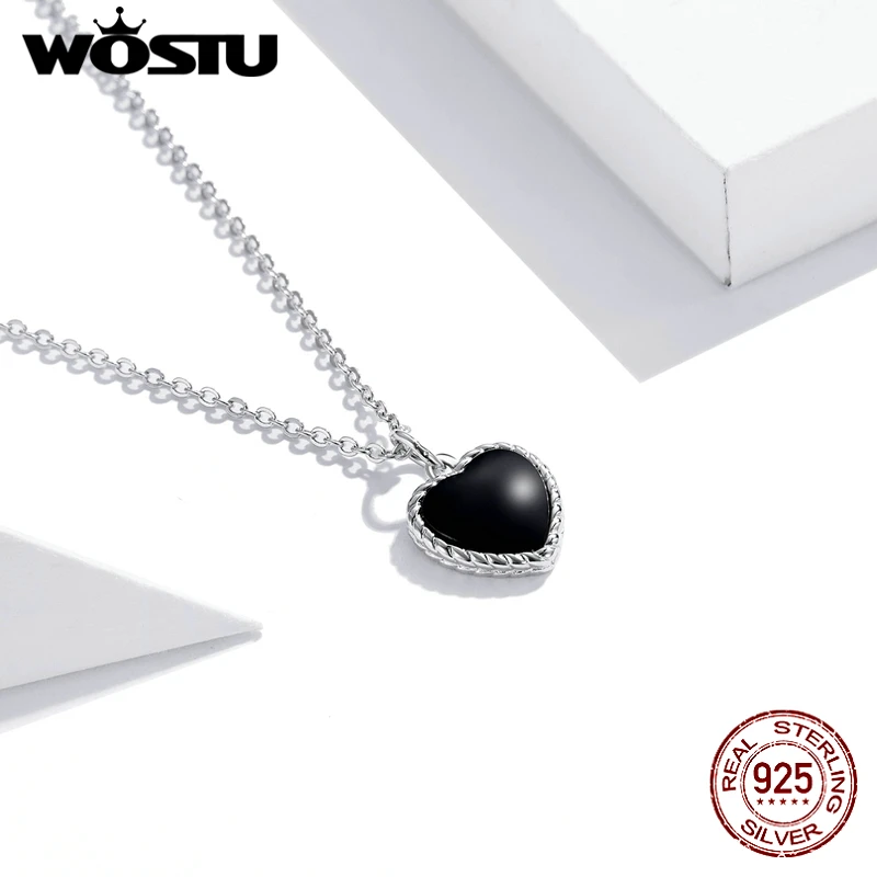 Wostu Necklace 100% 925 Sterling Silver Black Heart Pendant