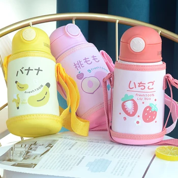 

400Ml Thermos Flask Thermos Vacuum Fruit Print Children Straw Anti-Scald Cup Holder Stainless Steel Thermos Mug Water Thermosfle