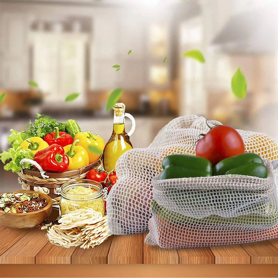 Многоразовые мешки для производства, органический натуральный хлопок, Сетчатая Сумка на шнурке, для овощей, фруктов, для домашнего хранения, сумка для покупок