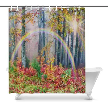 

Autumn Foliage Morning Mist at Sunrise Over Alpine Forests with Rainbow Home Decor Waterproof Polyester Fabric Shower Curtain
