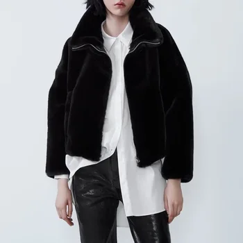 

2019 Winter New Korean Casual Faux Fur Coat Zipper Turn-down Collar Full Pelt Thick Warm Fur Pocket Black Solid Teddy Jacket