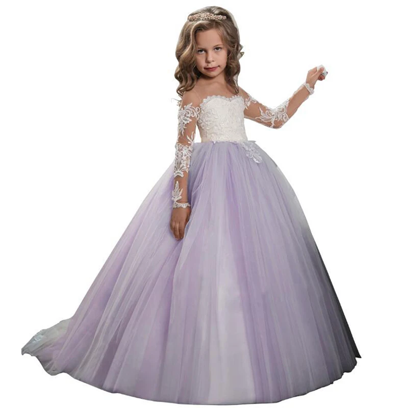 Прозрачные платья для причастия с длинными рукавами; костюм для подростков; детская одежда; Вечерние Платья с цветочным узором для маленьких девочек; бальное платье принцессы