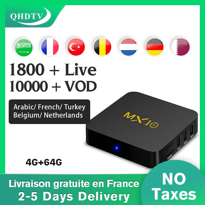 Android 9,0 IP tv французский арабский ящик MX10 IP tv подписка QHD tv 1 год код 4G 64G RK3328 четырехъядерный 64 бит испанский IP tv Германия