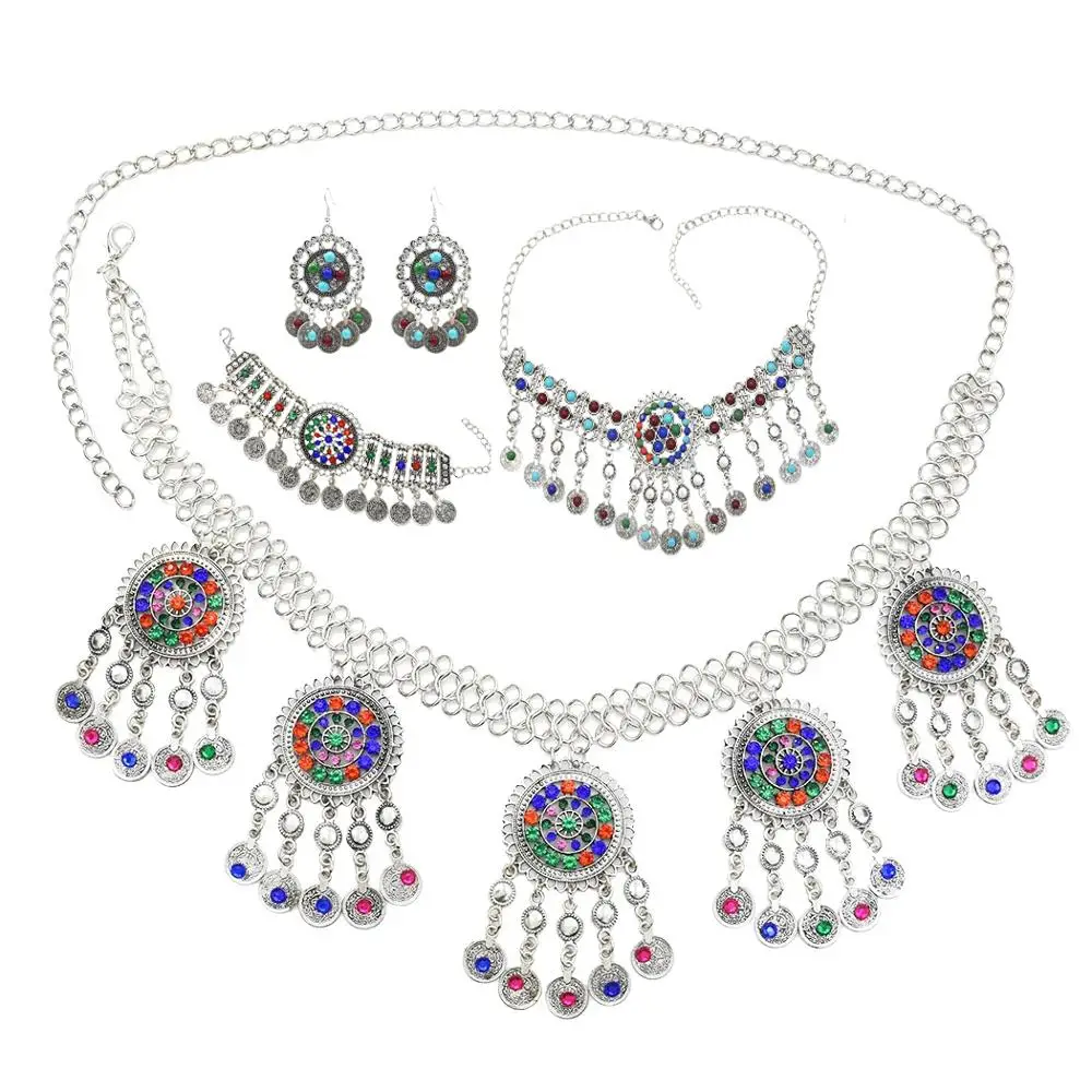 

Gypsy Afghan Silver Coins Tassel Necklace Jhumka Earrings Bracelets Waist Belly Dance Chains Sets Boho Turkish Indian Jewelry