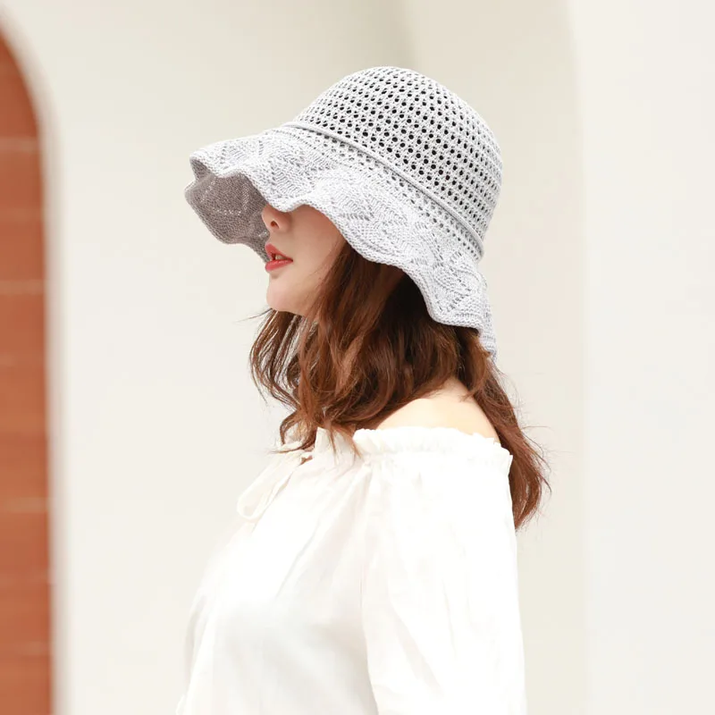 Women Sun Protective Hat Cotton Knitted Foldable Soft Breathable Beach Cap for Outdoor EIG88