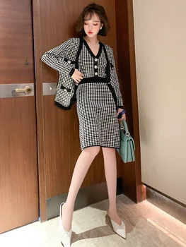 

Fashion houndstooth fitted cardigan + sexy V-neck sleeveless suspender dress two-piece female 2020 early autumn new