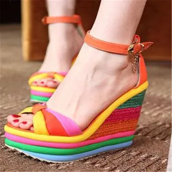 

2020 New Summer Sexy Bohemia Casual Rainbow Peep Toe Platform Sandals For Womens Wedges Sandalias Plataforma Shoes High