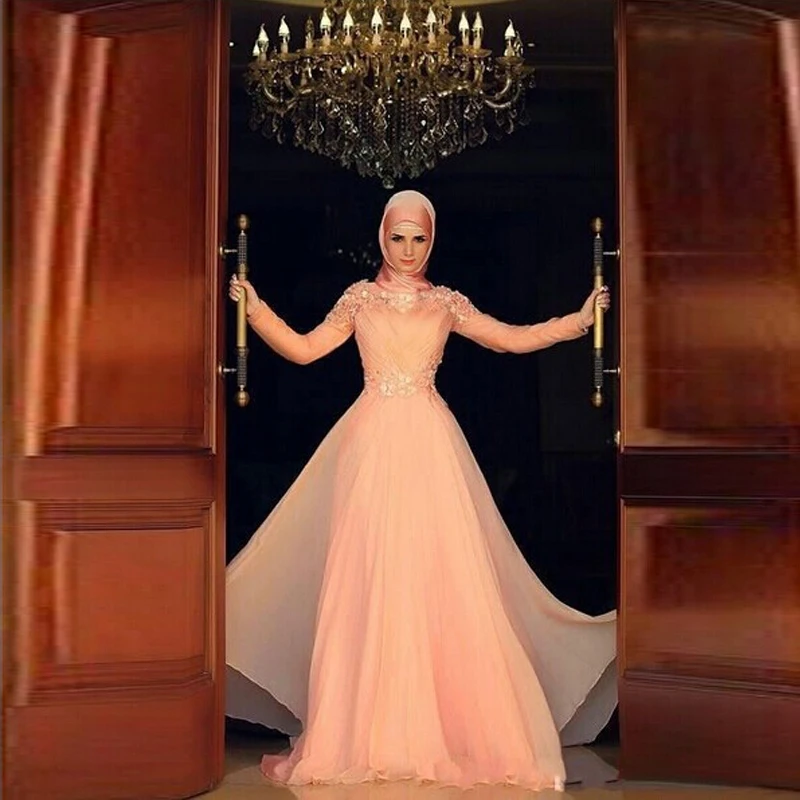 Long sleeves coral evening gowns Arabic Style Muslim high collar lace appliques hijab chiffon Dress 2015 | Свадьбы и торжества