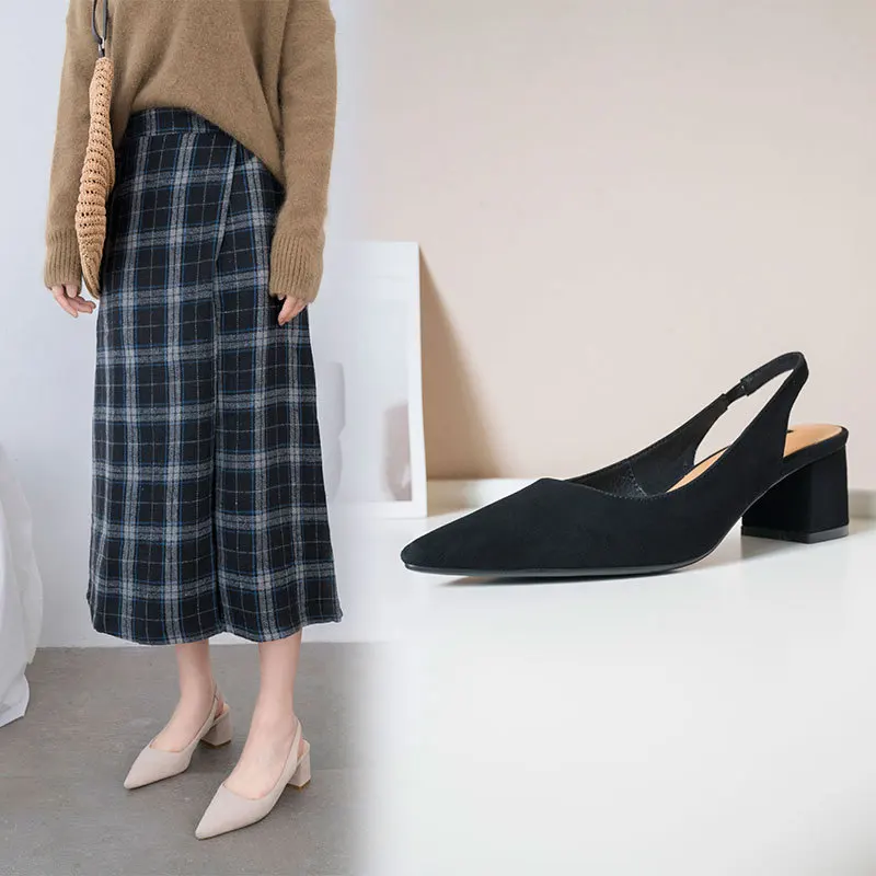 

2019 Spring New Style Dull Polish Sheepskin Pointed-Toe Closed-toe Size Code Elegant Sandals Women's Chunky-Heel Semi-high Heele