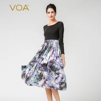 

VOA Plus Size Silk Knit Print Long Sleeve Black Women Casual Dress High Waist Slim Tunic Korean Vintage Swing Midi Dress A7381