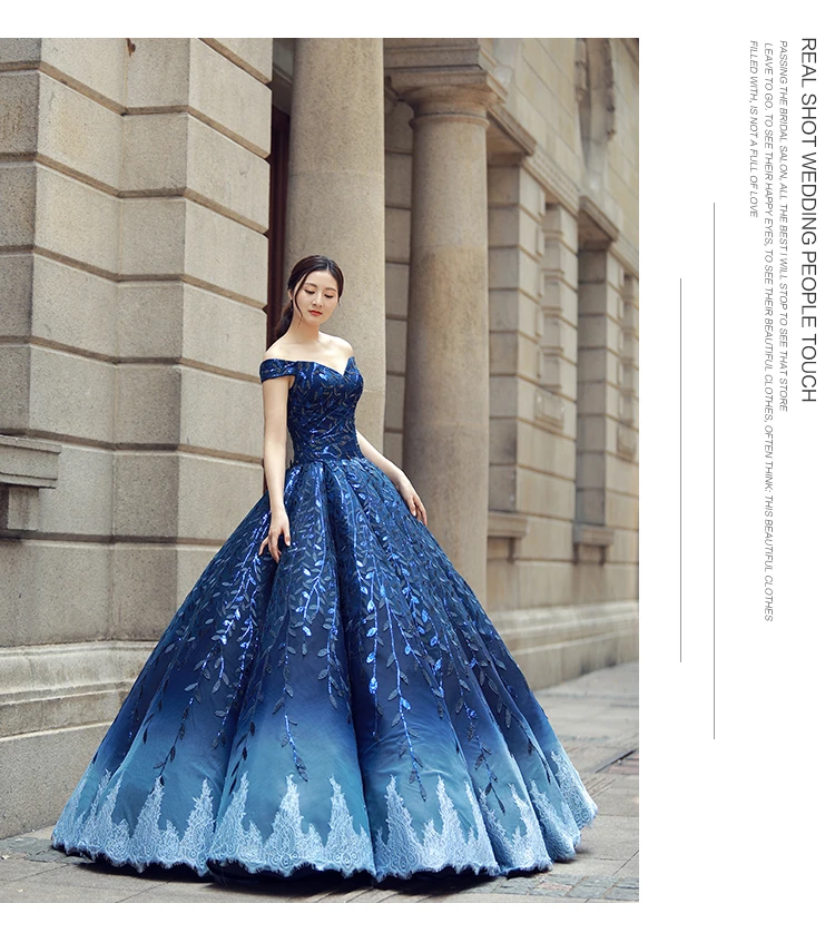 Синее Пышное Платье принцессы из тюля с блестками и кружевами, украшенные бисером Длинные вечерние Роскошные вечерние платья торжественное платье реальные фотографии RS14