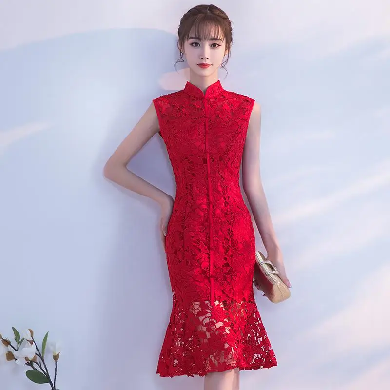 Style C Вечернее платье cheongsam qipao, традиционное китайское женское свадебное платье, тонкое красное кружевное Чонсам с коротким рукавом - Цвет: Style C