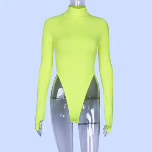 Fluorescent green Модный женский осенний обтягивающий купальник с высоким воротником и длинным рукавом, Женский Повседневный тонкий однотонный верхний комбинезон для йоги - Цвет: Fluorescent green