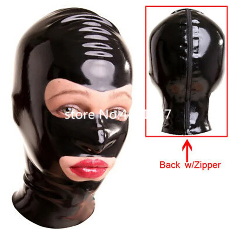 Сексуальная черная латексная резиновая маска с капюшоном открытый глаз и рот для