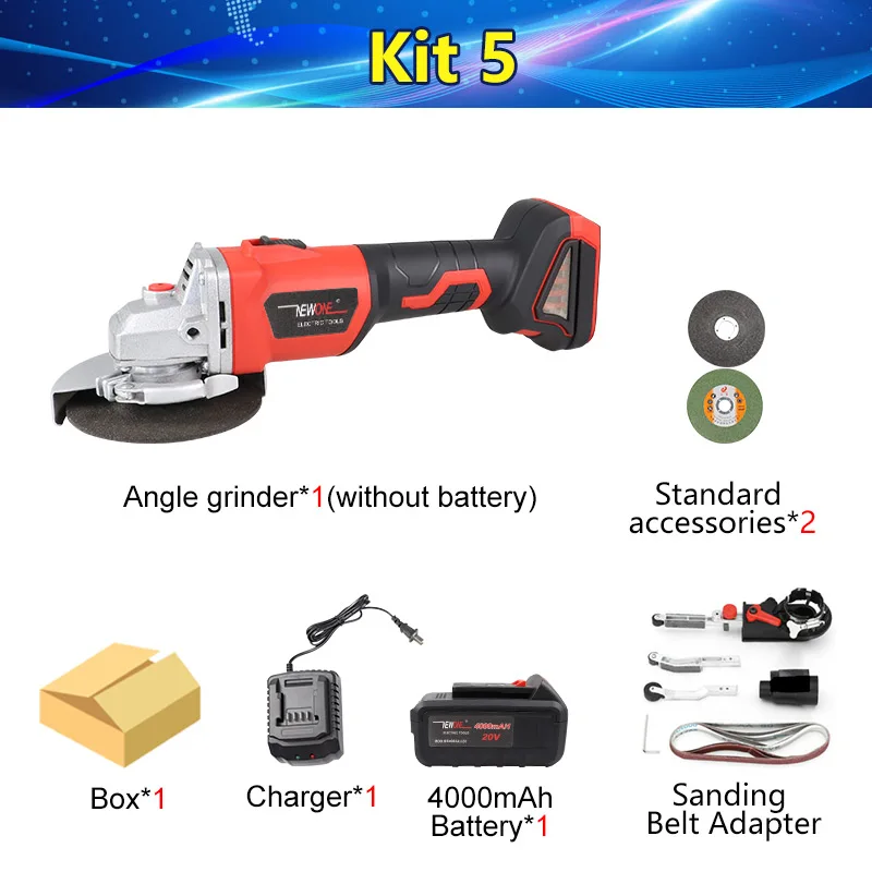Kit 5 NEWONE 20V бесщеточный литий-ионный 4000mAh 100 мм угловой шлифователь с лопаточный переключатель беспроводной шлифовальный и Полировочный Электроинструмент M10 - Цвет: Kit 5