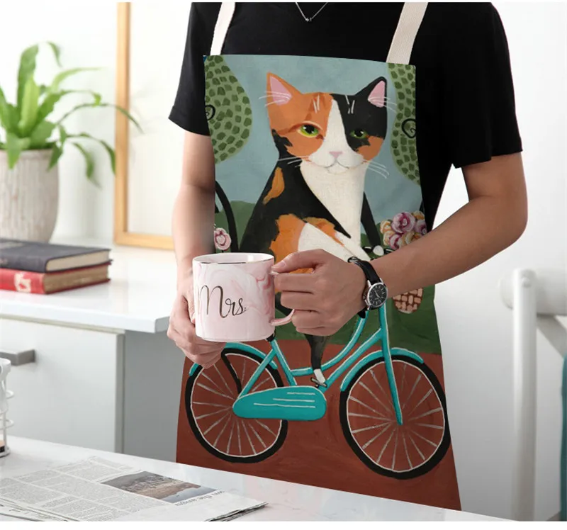 Cute Cartoon Cat Linen Apron Kids Family Game DIY Sleeveless Aprons Home Household Kitchen Apron for Women Washable