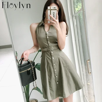 

FLOYLYN Vintage Turn-down Collar Single Breasted Women A-line Dress OL Style Slim Waist Female Short Dress Party Vestidos femme