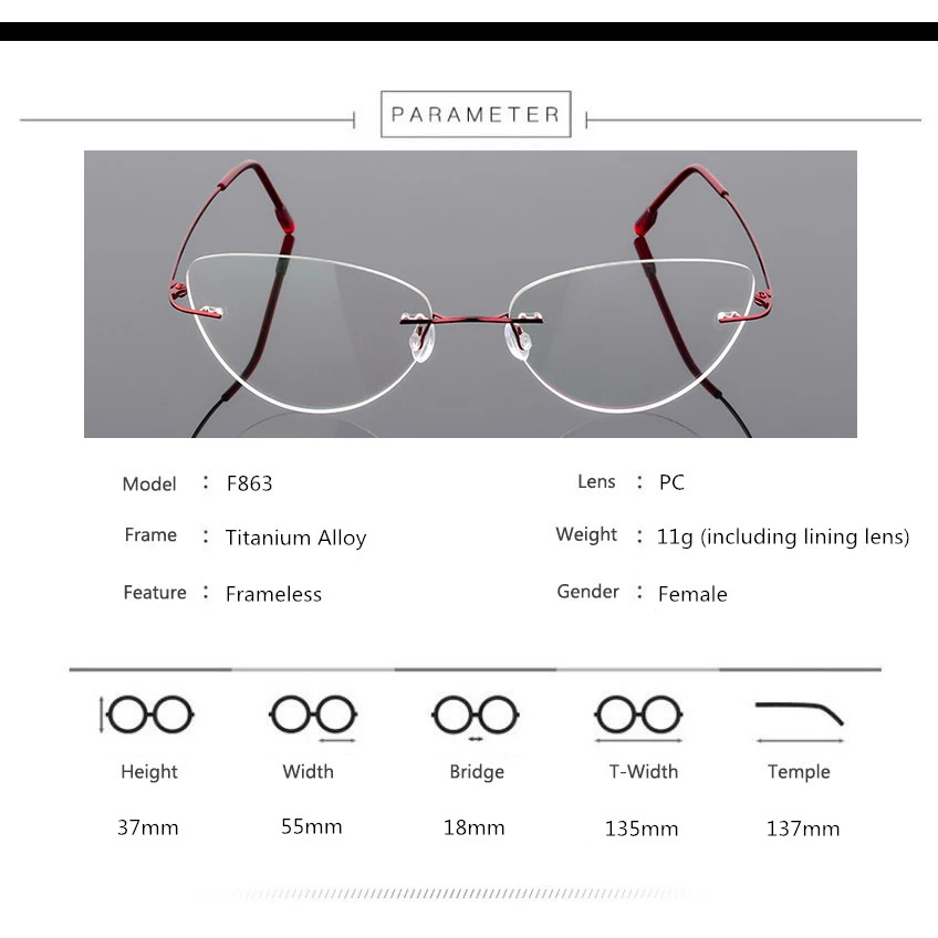 Female Rimless Titanium alloy Glasses Frame, Women Ultralight Cat Eye Eyeglasses Frames, Prescription Presbyopia Myopia Optical