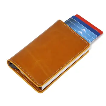 

Men women Card Holder RFID Aluminium Alloy Credit Card Holder Oil wax leather mini Wallet Antitheft Automatic Pop Up RFID purse