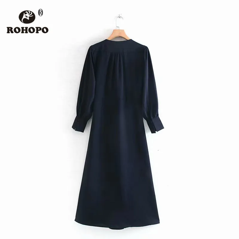ROHOPO платье миди с v-образным вырезом и длинным рукавом темно-синего цвета, пояс с бантом, высокая талия, однотонное осеннее женское расклешенное платье#9061