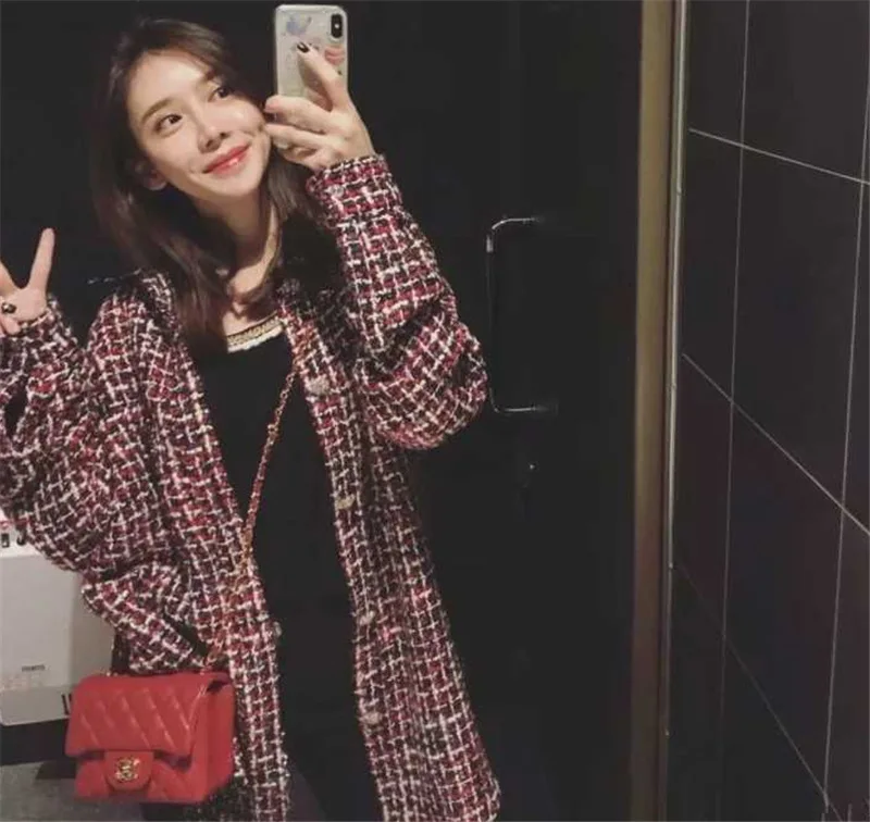 Стиль элегантный шикарный ветер изящный Ulzzang красный твид рубашка пальто Женская