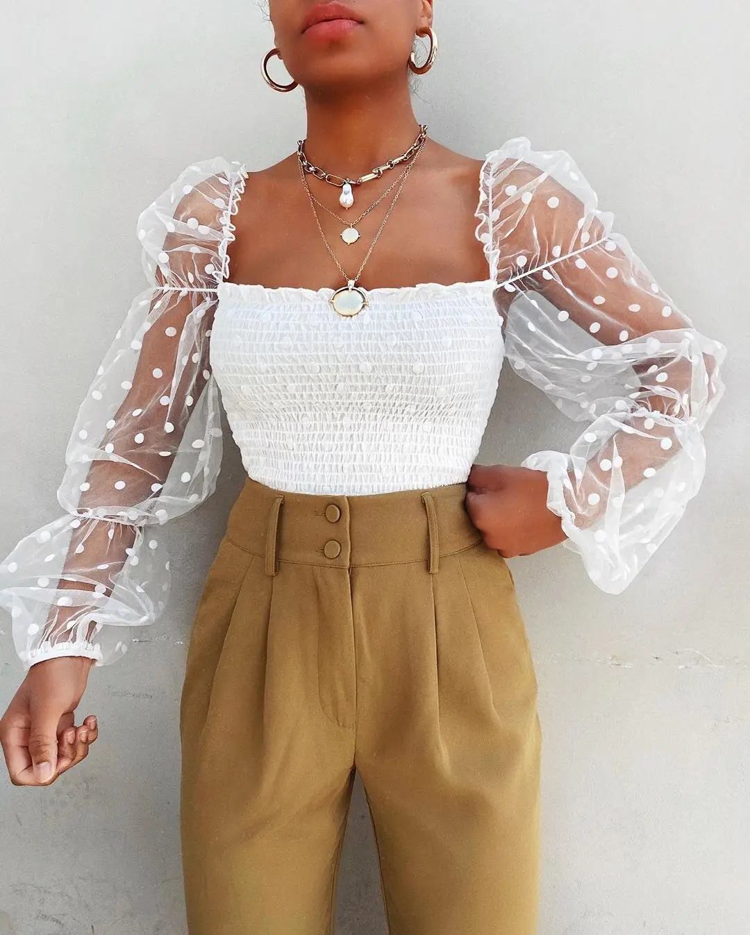 Women Mesh Sheer Blouse Chiffon See-through Long Sleeve Top Shirt Blouse Fashion Organza Transparent White Shirt Female Blusas