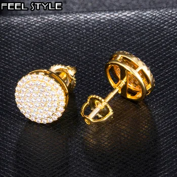 

1Pair Round Zircon Micro Paved Iced Out Rhinestone CZ Stone Round Bling Stud Earring Copper Earrings For Men Hip HOP Jewelry