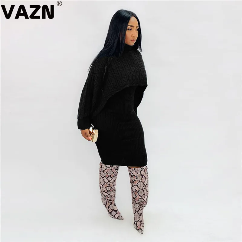 VAZN PN6273 зима Последняя мода неопрятный мягкий сексуальный модный однотонный женский ассиметричный Свободный мини-свитер с высоким воротом и длинным рукавом - Цвет: Черный