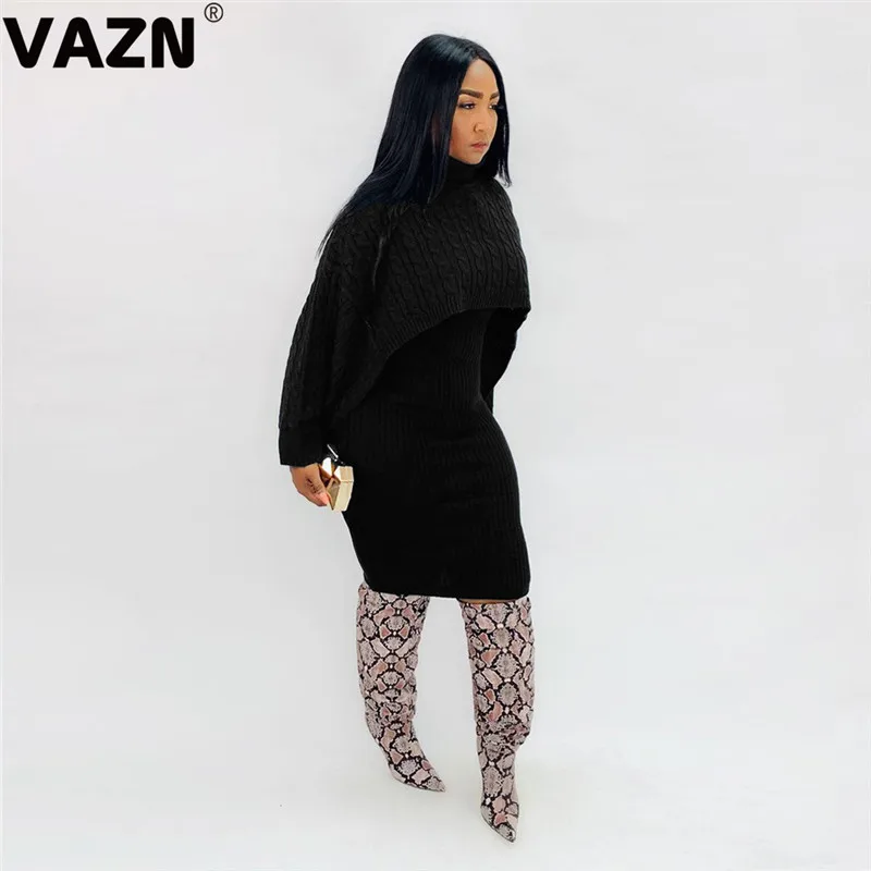 Черный VAZN PN6273 зима Последняя мода неопрятный мягкий сексуальный модный однотонный женский ассиметричный Свободный мини-свитер с высоким воротом и длинным рукавом - Цвет: Черный