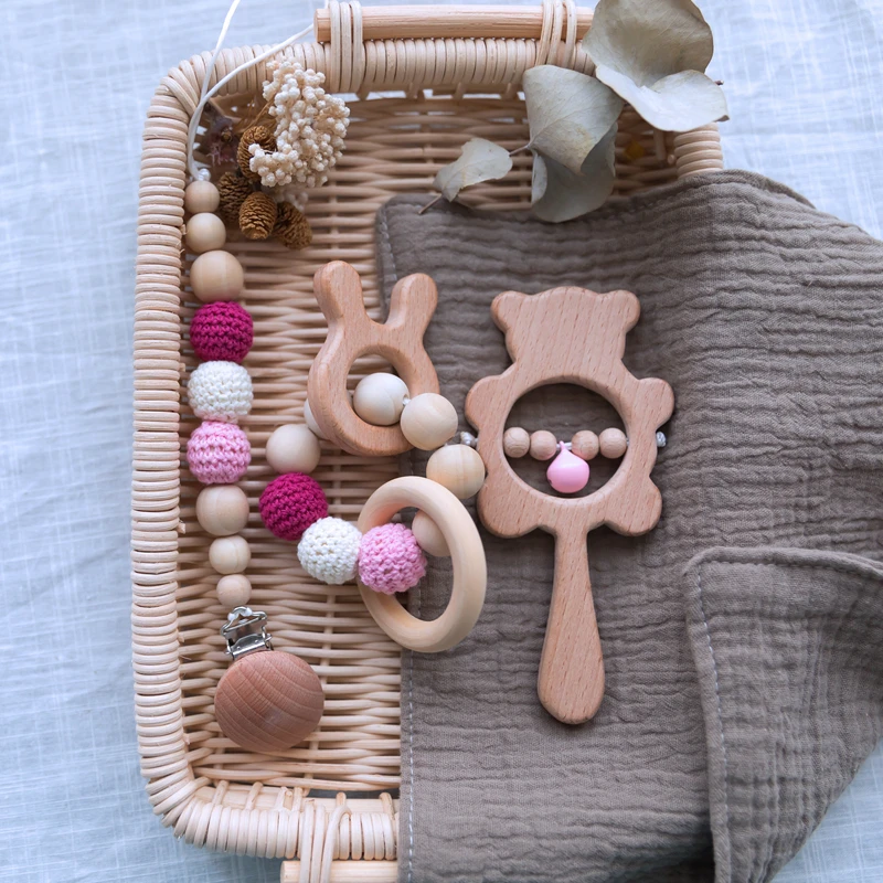 Baby Teethers Wooden Bear Rattles Crochet Beads Rodent Tiny Rod Baby Toys Bracelet Pacifier Clip Nursing Newborn Products Set