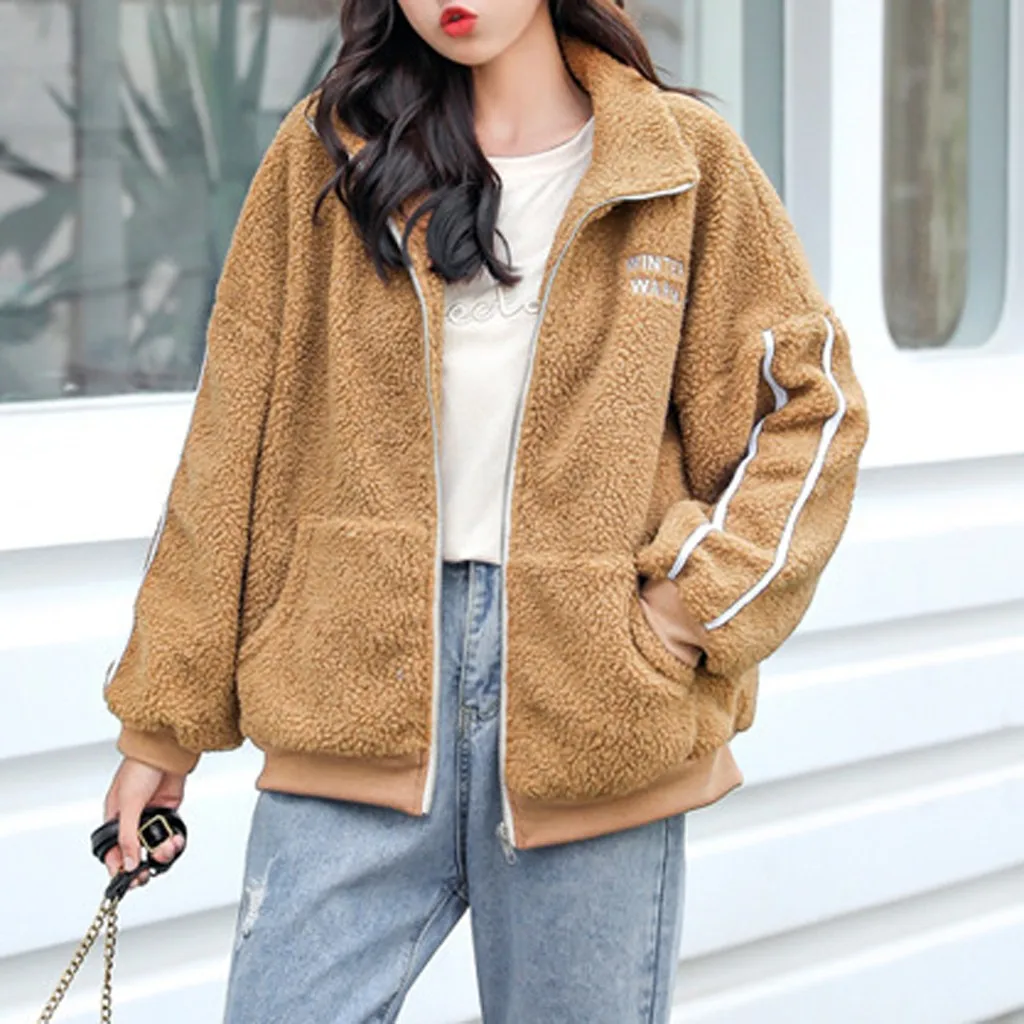 JAYCOSIN женское пальто с буквенным принтом, флисовая куртка с отворотом на молнии и карманами, верхняя одежда, повседневный свободный зимний теплый кардиган, верхняя одежда, пальто