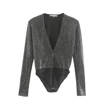 

V-neck Sequined Long-sleeved Jumpsuit Women's T-shirt Slim Fit 2020
