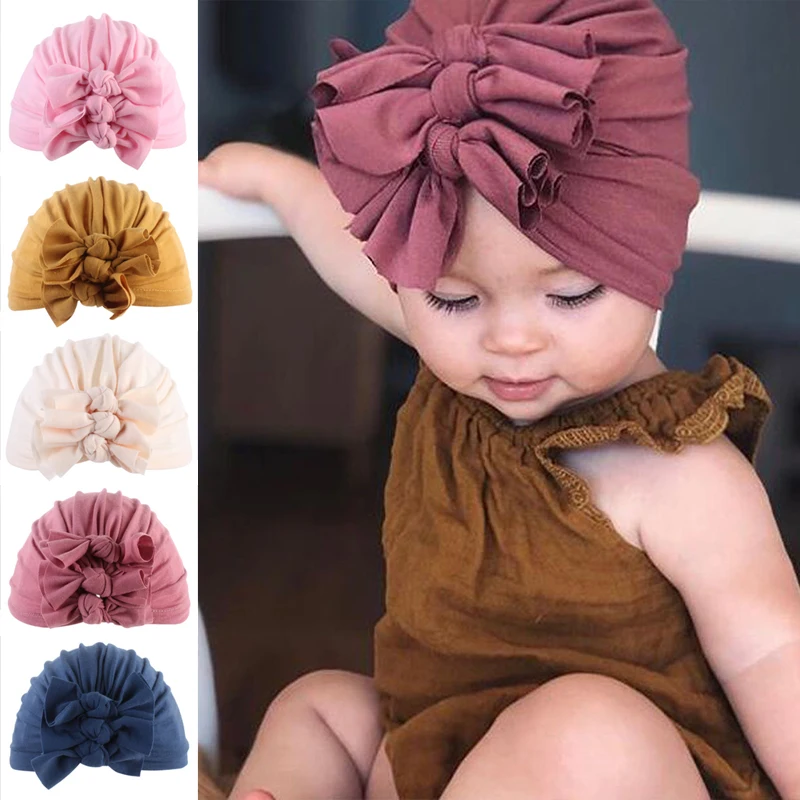Шапочка тюрбан с цветочным принтом и бантом для новорожденных однотонные кепки