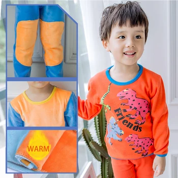 

NANJIREN Gold Fleece Long Johns boy Set Warm Pajamas Sets For Chlid Chlidren Thermal Underwear orange dinosaur Child Winter Set