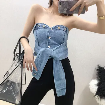 

ins blogger holiday style sexy short off-the-shoulder wrapped chest denim cardigan corset slimming tube top vest female top