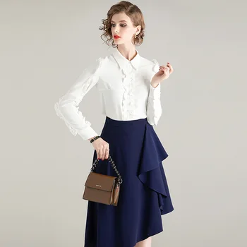 

T205067 Suit Female 2020 Season Women's Wear Long Sleeve Lapel Auricularia Auricularia Lotus Leaf Edge Two-piece Set