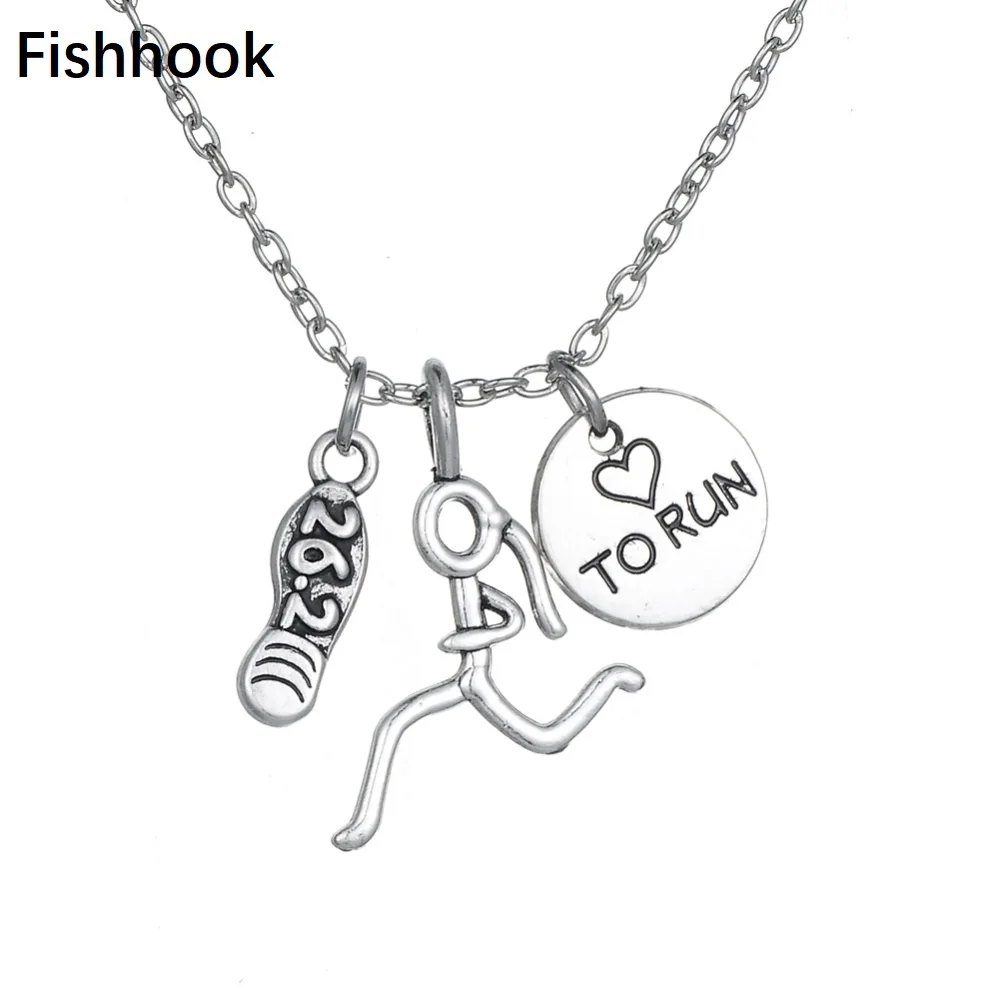 Fishhook New Antique Silver Color Plated Figure Runner and Run 26.2 Marathon Shoe Charm Necklace gym jewelry Fitness necklace