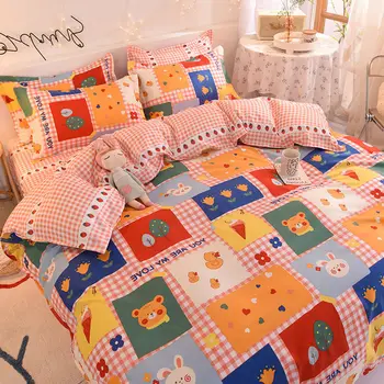 Orange Bedding Set Printed Bed Linen Sheet Plaid Duvet Cover 240x220 Single Double Queen King Quilt Covers Sets Bedclothes 2