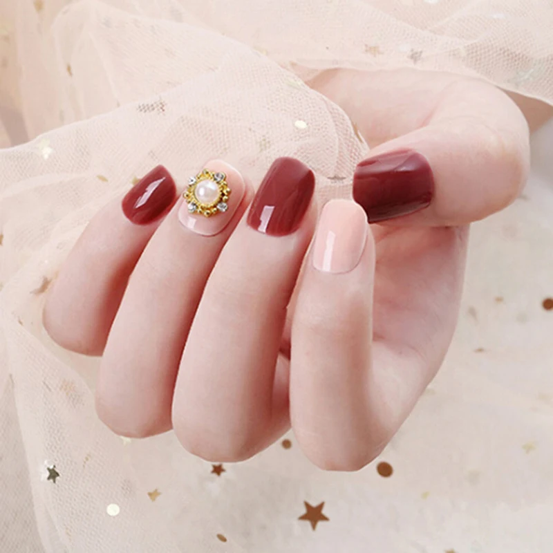 Hot 24pcs/set Gradient/ Bride Red 3D Nail Art False Tips False Nails With Glue Charming Nude Purple Full Cover False Nails