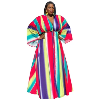 

Fashion Colorful Loose Oversize Dress Women V Neck Vertical Stripe Big Swing Long Dresses Casual Holiday Festival Clothes