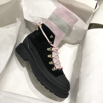 

Women Ankle Boots Genuine Suded Leather Autumn Winter Martin Boots Runway Lace Up Socks Boots Party Dress Shoes CombatWomen