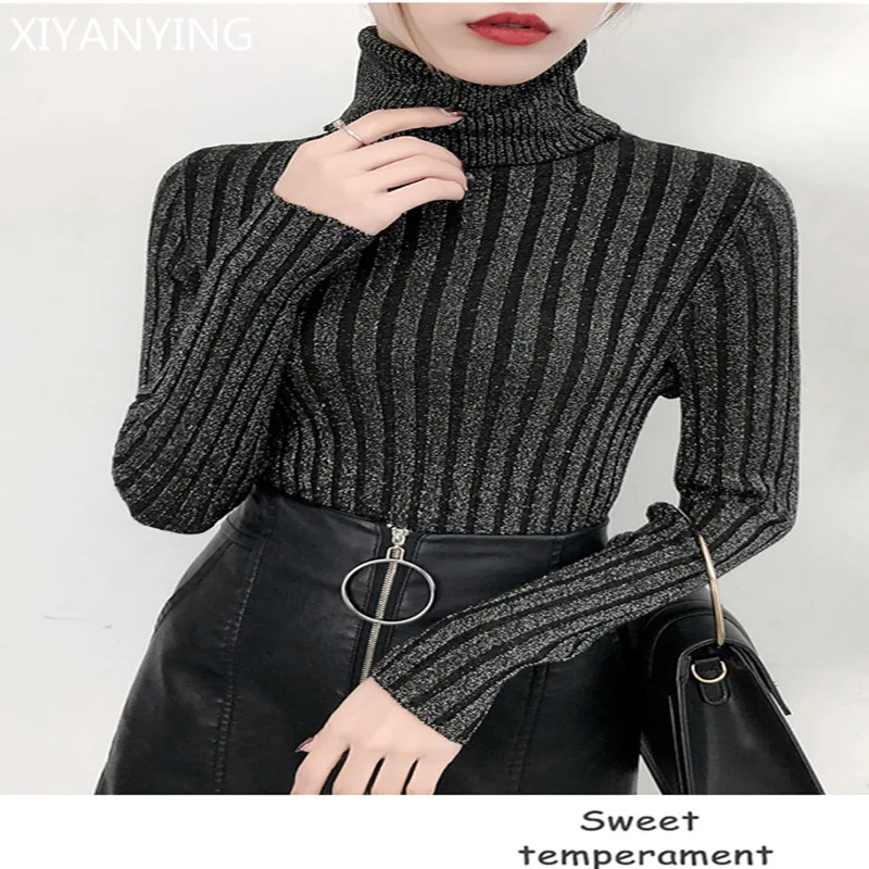 Sweater Women Turtleneck Autumn Winter New Long Sleeved High Collar Striped Bright Silk Thick Sweaters Pullovers Knit Tops | Женская