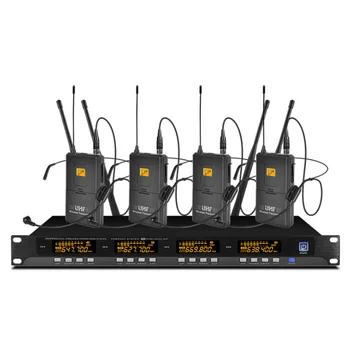 

Metal 4-channel UHF wireless microphone system with 4 head-mounted microphones for stage church family gatherings