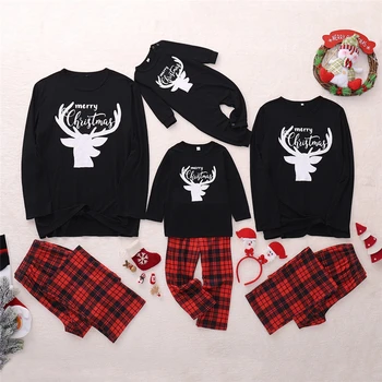 

Family Matching Christmas Pajamas Cartoon Fawn Print Plaid Pants Set Family Look Clothes Mom Dad Kid Baby Sleepwear Nightwear