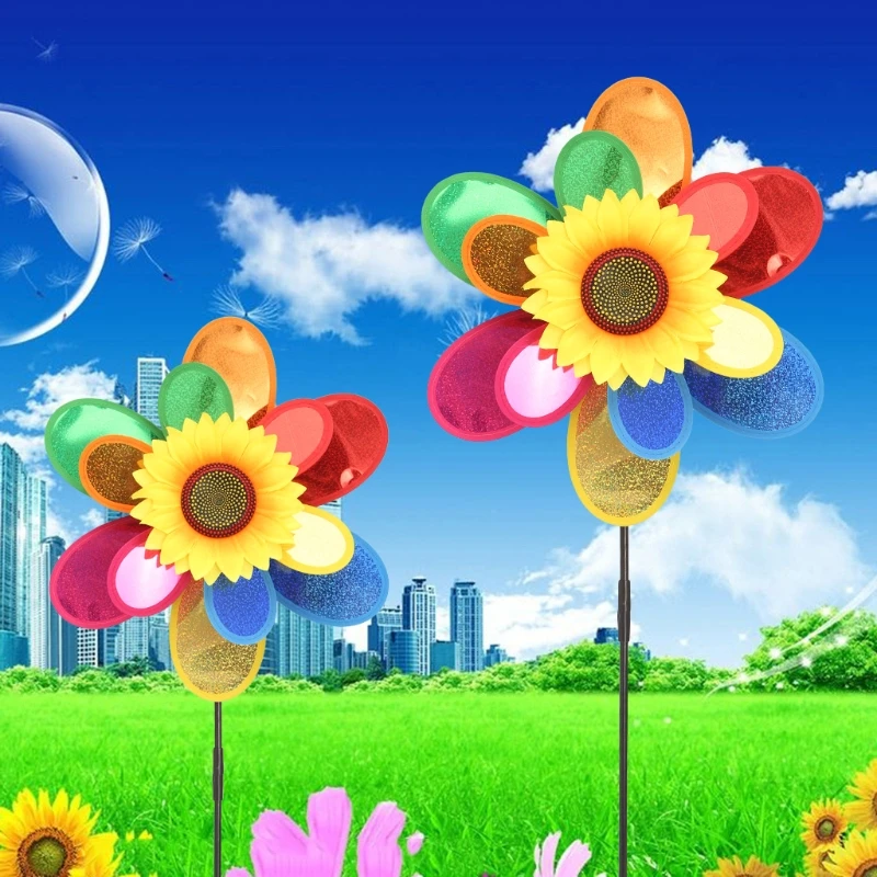 87HD Sequins Double Layer Sunflower Windmill Wind Spinner Home Garden Yard Decoration