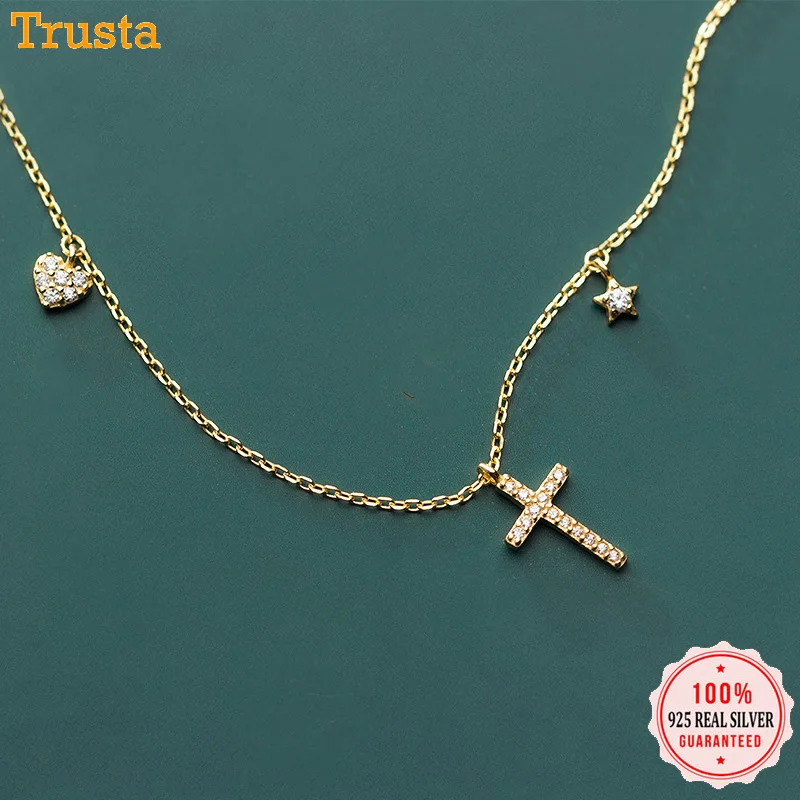 Trusta Women's Fashion 100% 925 Sterling Silver Dazzling CZ Cross Heart Star Pendant Short Necklace For Women Girls Gift DS2485