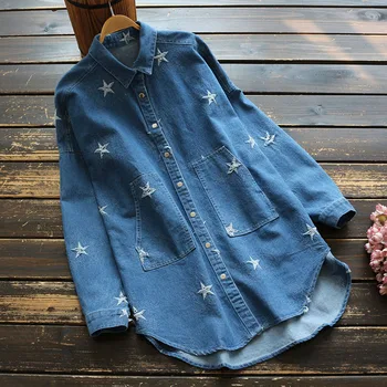 

6784 new Autumn Women Pentagram Embroidery PocketDenim Shirt Female Loose Turndown Collar Long Sleeve Blouse