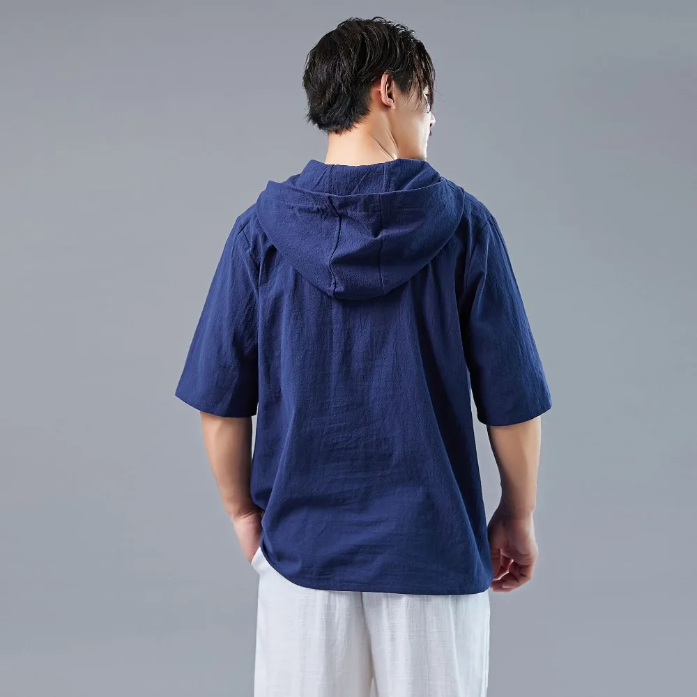 LZJN 2019 Men's Shirt Summer Style Hooded Short Sleeve Blouse Top Men New Casual Embroidery Cotton Linen Shirt Camisas De Hombre (23)