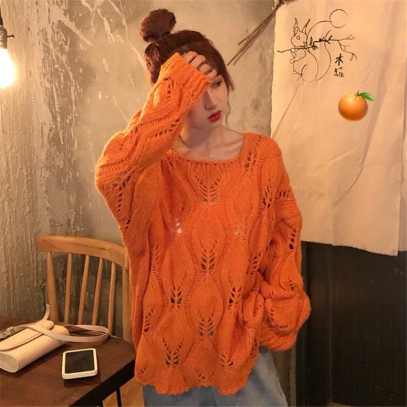 

Focal20 Streetwear Solid Color Orange Women Knitted Sweater Square Collar Women Knitted Sweater Autumn Loose Lady Sweater